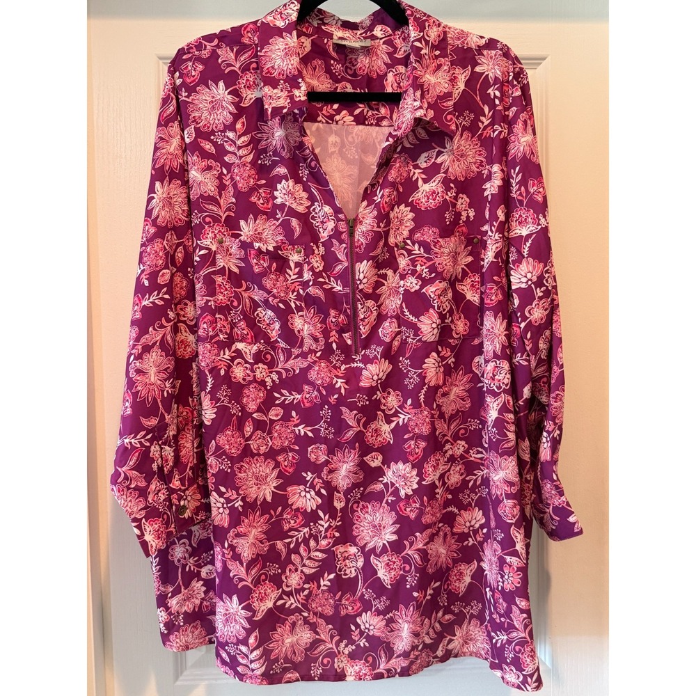 Catherines 1/4 Zip Popover Tunic Shirt Size 3X Red Floral Print Long Sleeve